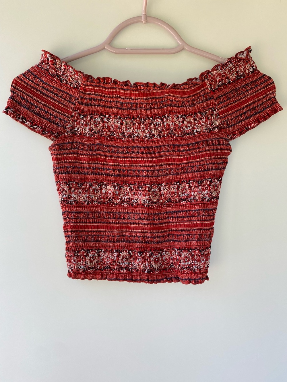 Off-Shoulder Smocked Crop Top Red Floral